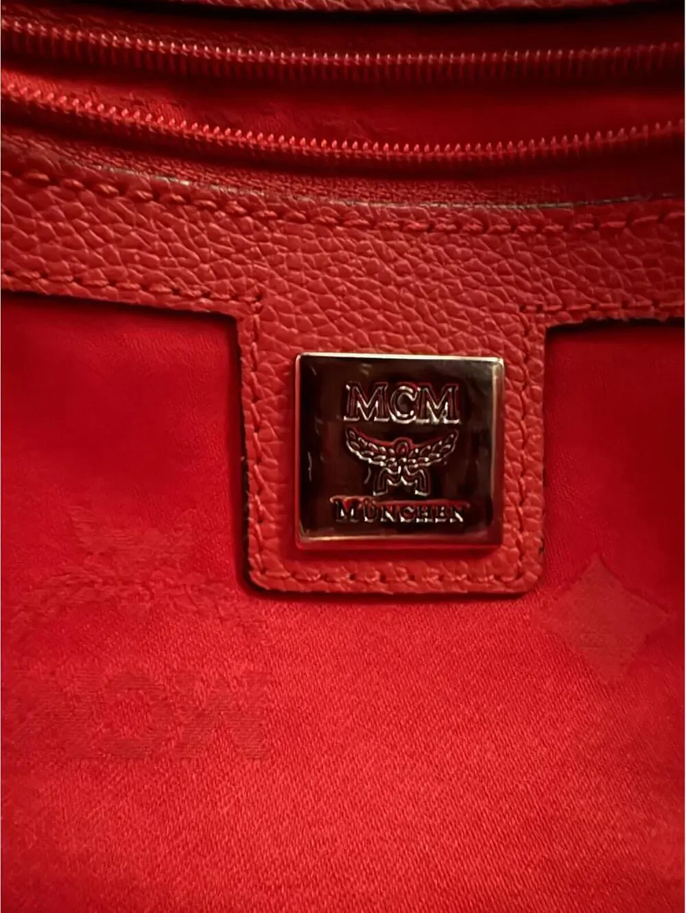 MCM Studded Pebbled Leather Satchel Boston Bag - Coral Red